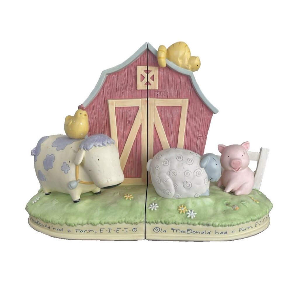 2001 David Walker Old MacDonald Nursery Rhyme Bookends Cow Pig Sheep Baby Room
